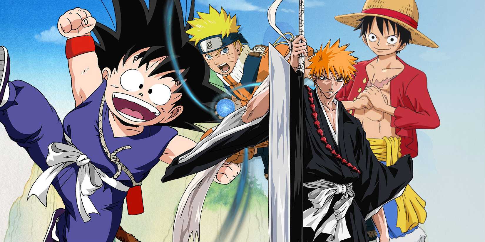 Goku em Dragon Ball, Luffy em One Piece, Naruto e Ichigo em Bleach