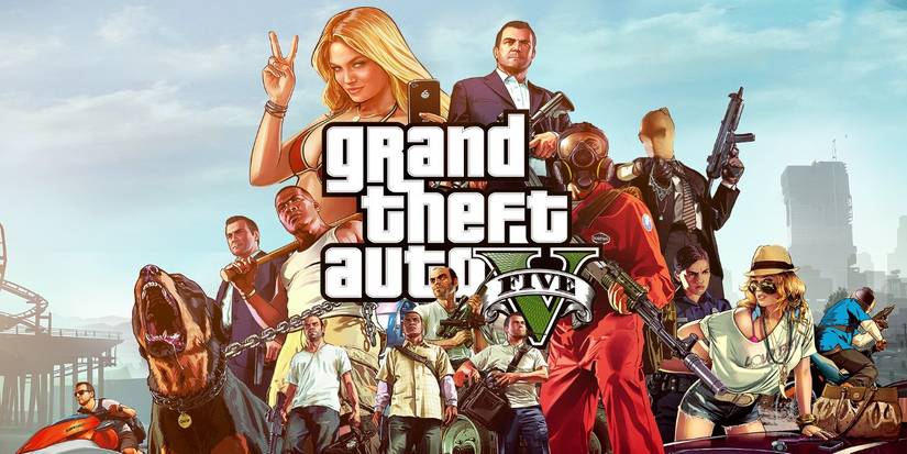 The splash screen for GTA 5, with the game's many characters surrounding its logo.