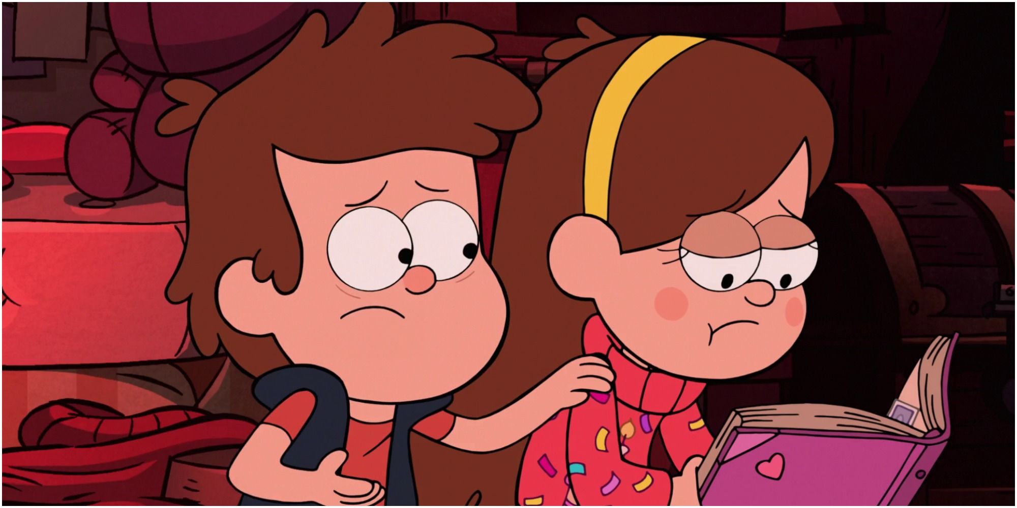 Dipper comforting Mabel who is reading in Gravity Falls
