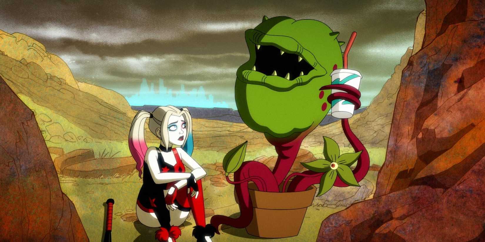 הארלי ופרנק הצמח יושבים יחד בנוף הפחד של Poison Ivy בהארלי קווין של HBO