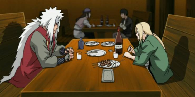 Jiraiya et Tsunade se disputent . autour d'un verre dans Naruto
