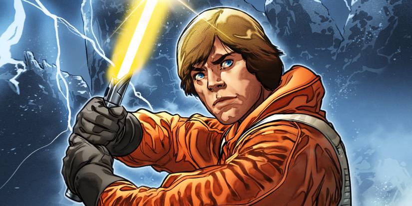 Luke Skywalker wearing his flight suit & holding his yellow lightsaber in Marvel's Star Wars comics