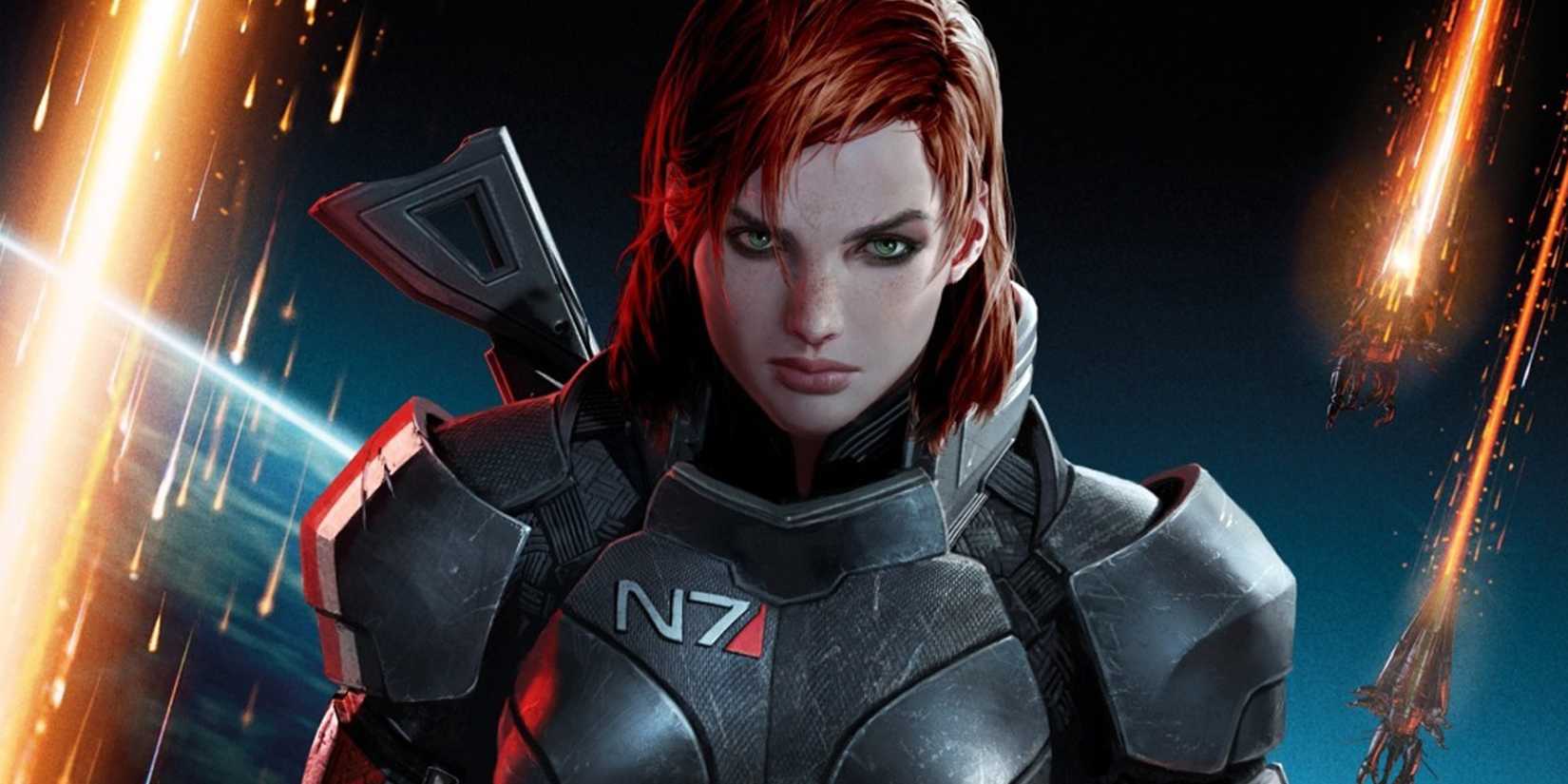 The female version of Commander Shepard in promo art for Mass Effect