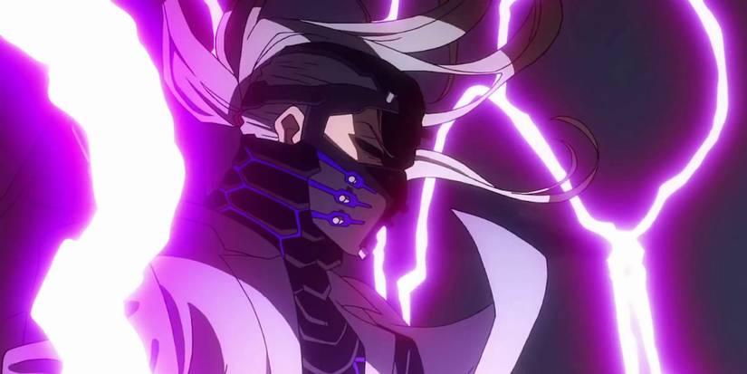 Nine From My Hero Academia Heroes Rising with his eyes closed in focus as purple lightning cackles around him.
