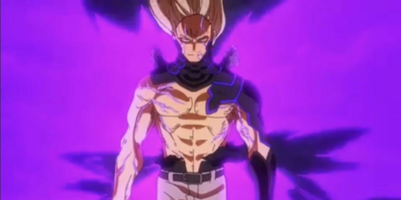 Nine in My Hero Academia Heroes Rising with his shirt off and purple energy flowing around him.