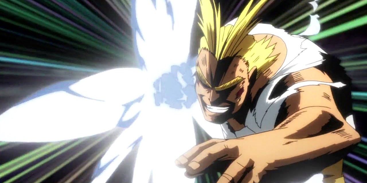 All Might unleashing a powerful punch in My Hero Academia