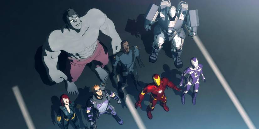 The Iron Man Armored Adventures Avengers including Hawkeye, Black Widow, Iron Man, Rescue, War Machine, Hulk and Nick Fury