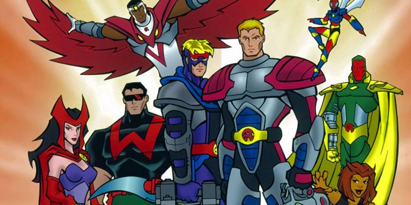 The Avengers United They Stand roster including Tigra, Scarlet Witch, Falcon, Wonder Man and Vision
