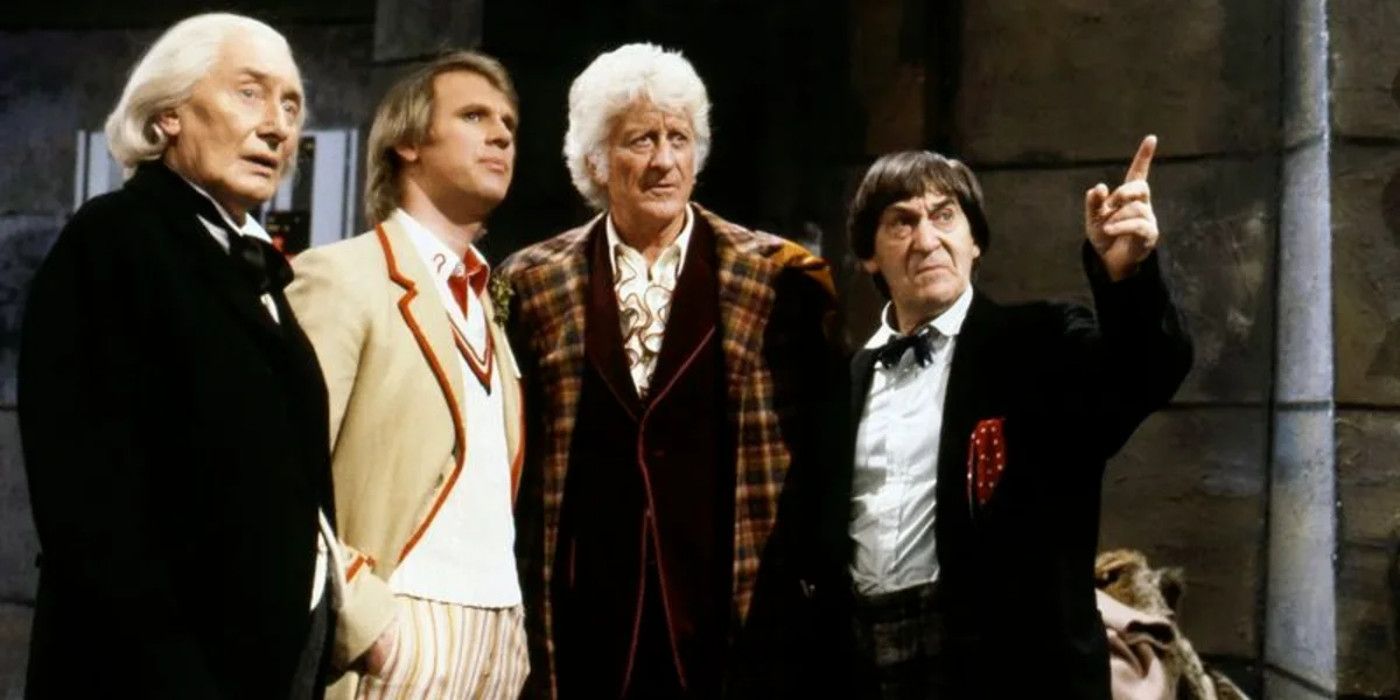 The First, Second, Third, and Fifth Doctors in The Five Doctors