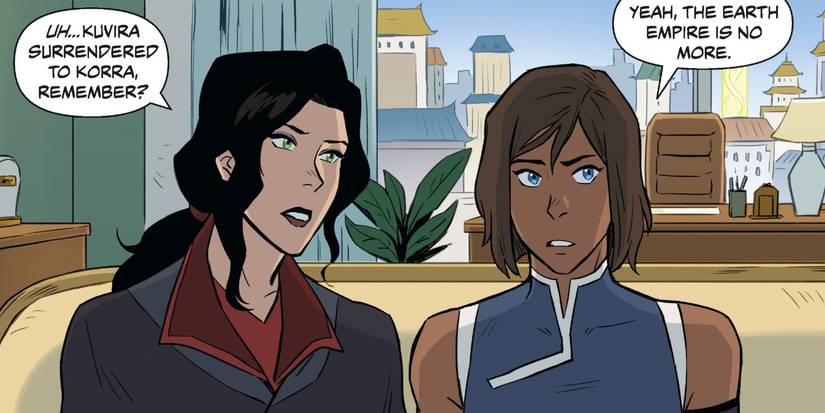 Asami and Korra sitting together on the couch and talking in the Legend of Korra comic