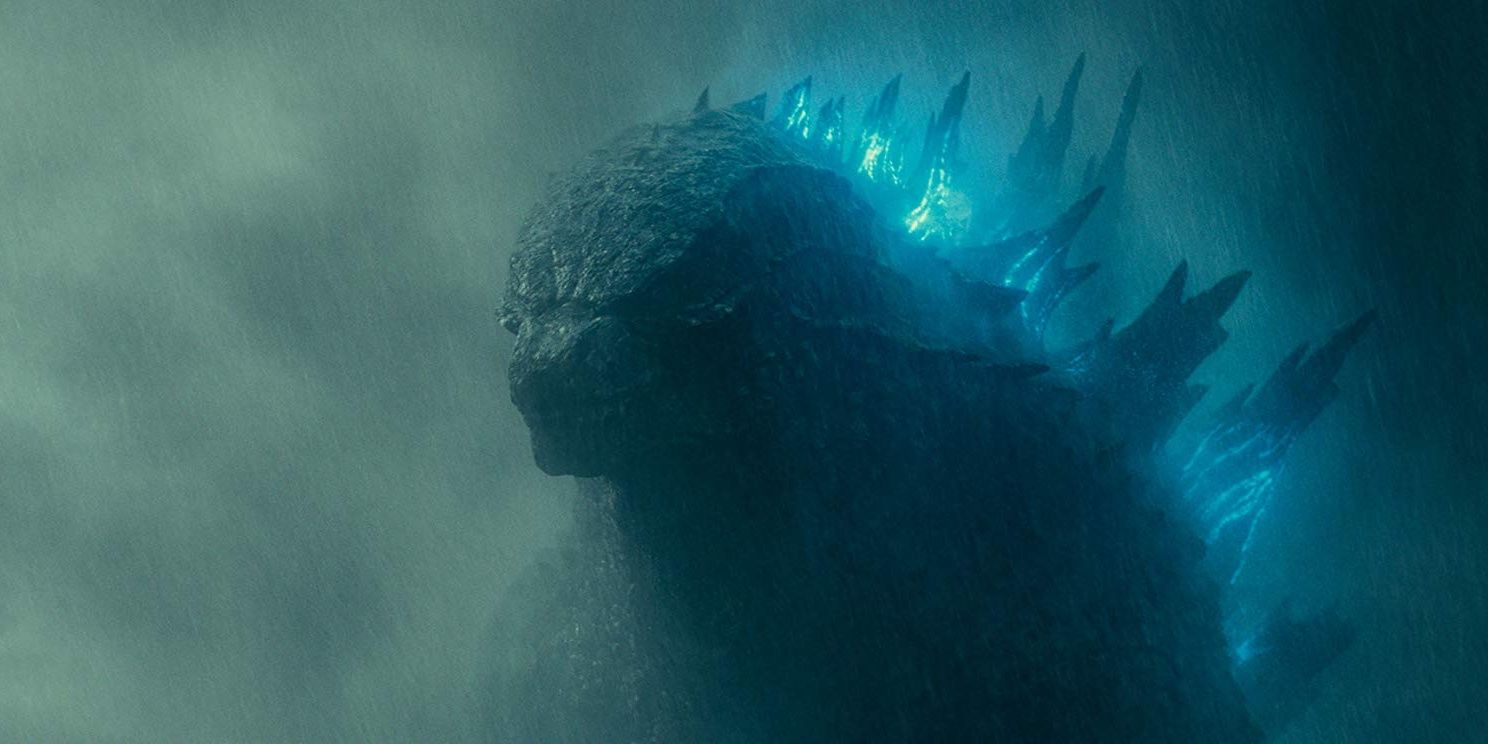 Godzilla in his recent MonsterVerse movies with spikes glowing blue