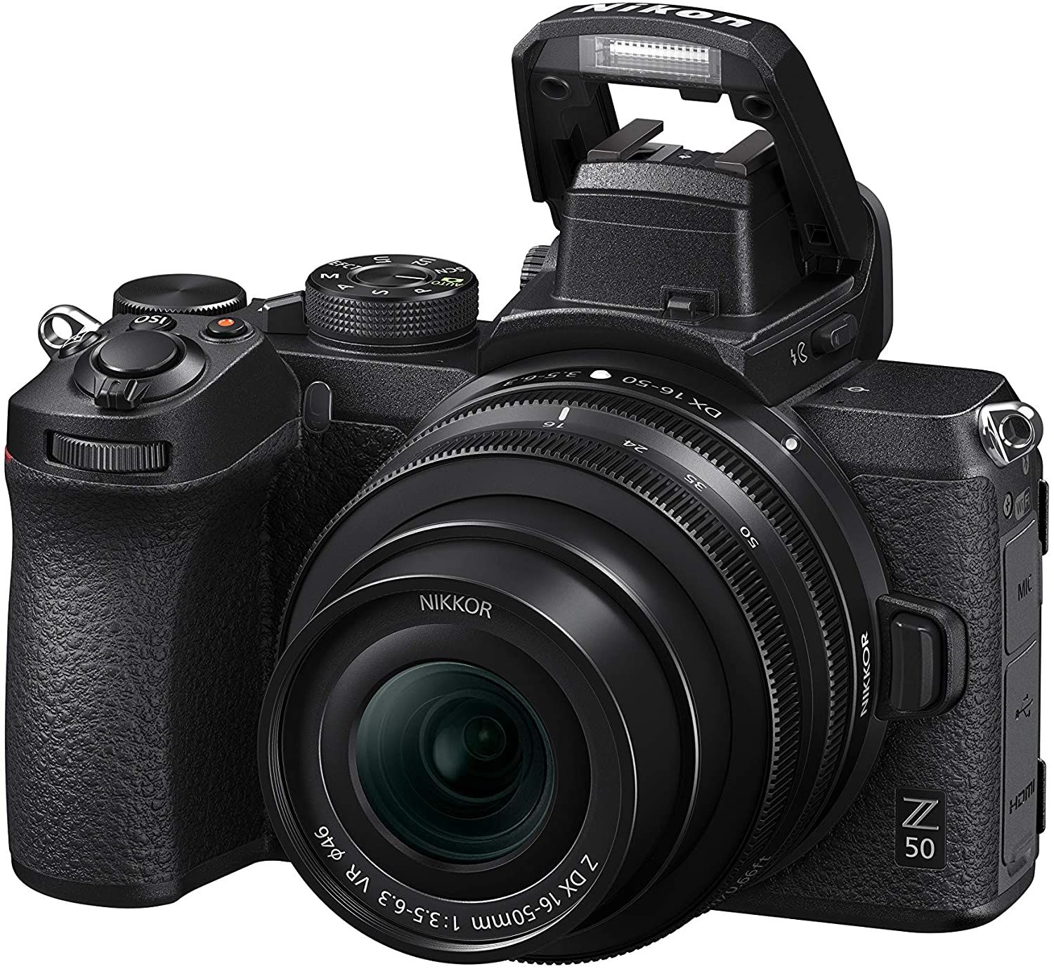 Nikon Z50 DX-format Mirrorless Camera with Nikkor Z DX 16-50mm Lens Angled Front - Flash