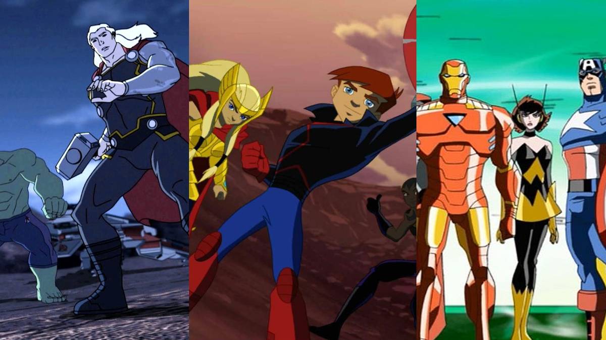 Split image of Avengers Assemble, Future Avengers and Earths Mightiest Heroes feature