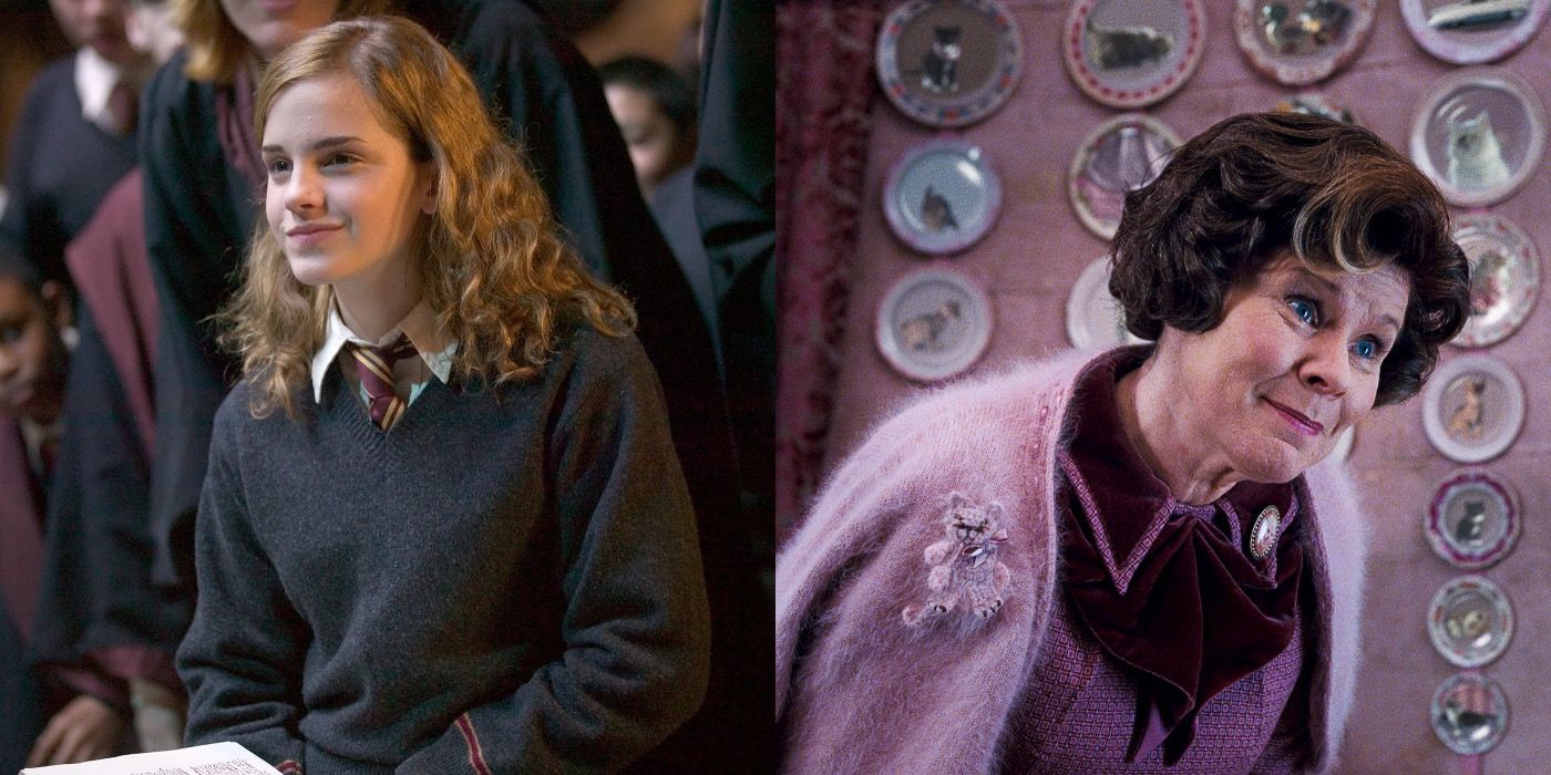 Split image showing Hermione Granger and Dolores Umbridge in Harry Potter