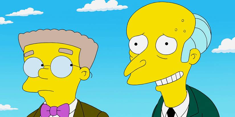 Mister Burns grins awkwardly as Smithers looks at him using his peripheral vision