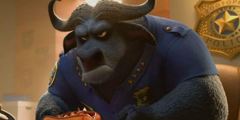 Chief bogo sitting at his desk in Zootopia