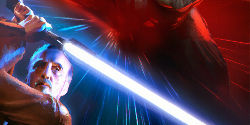 Dooku wielding a blue lightsaber in Jedi Lost