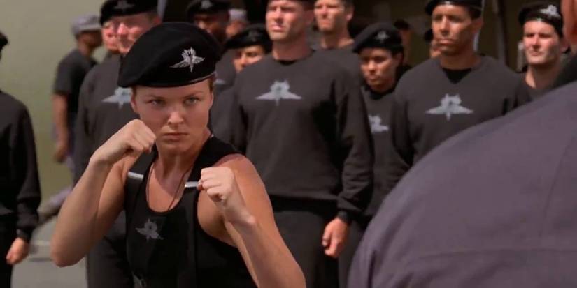 Dizzy with her fists raised in Starship Troopers