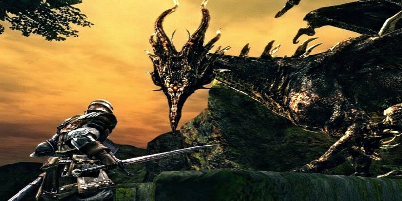 A character faces the The Black Dragon Kalameet in Dark Souls Remastered