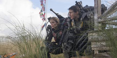 Rita and Bill perched by grass in Edge Of Tomorrow