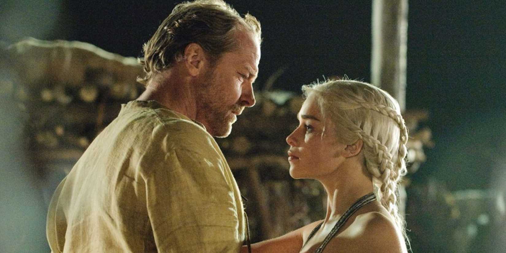 Jorah embracing Daenerys on a beach in Game of Thrones