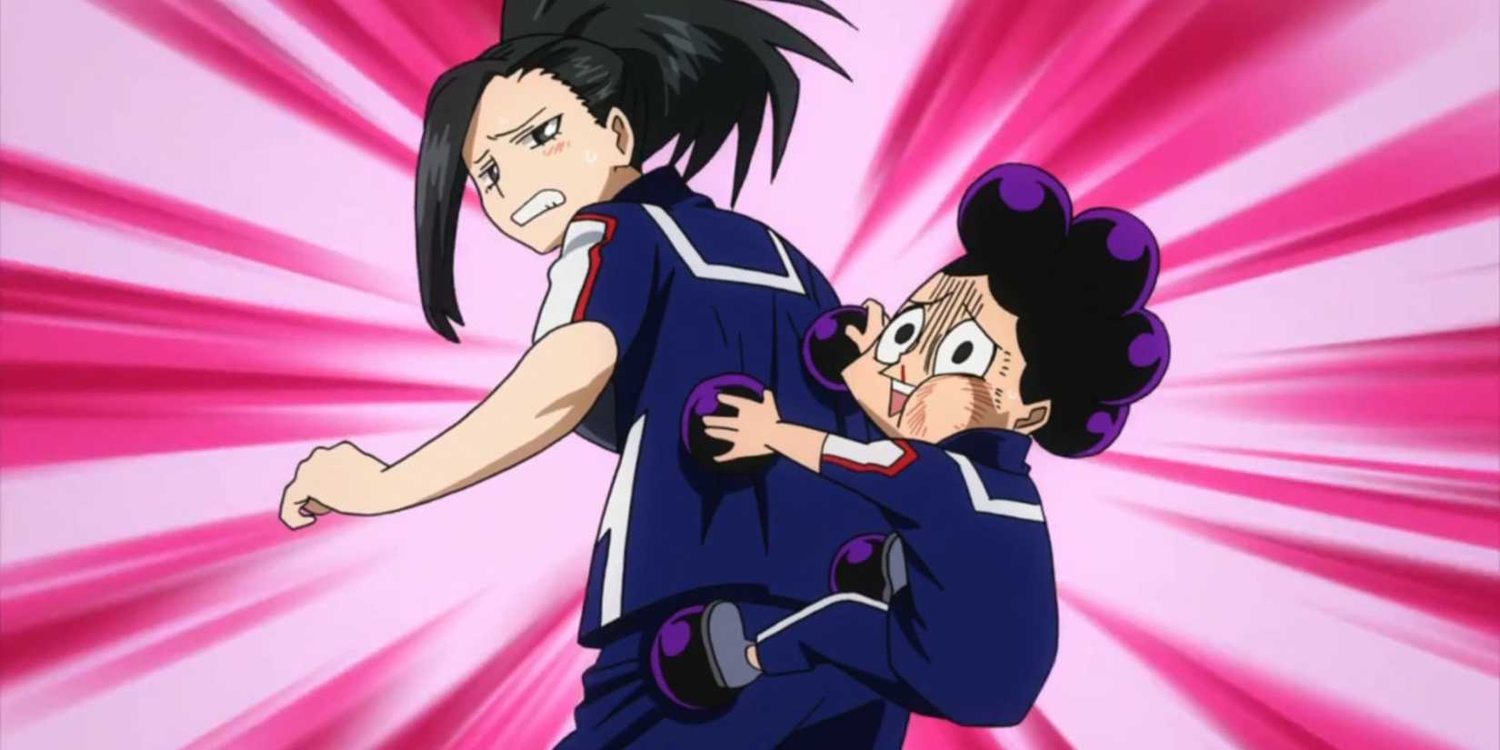 Mineta clinging to Yaoyorozu's back in My Hero Academia