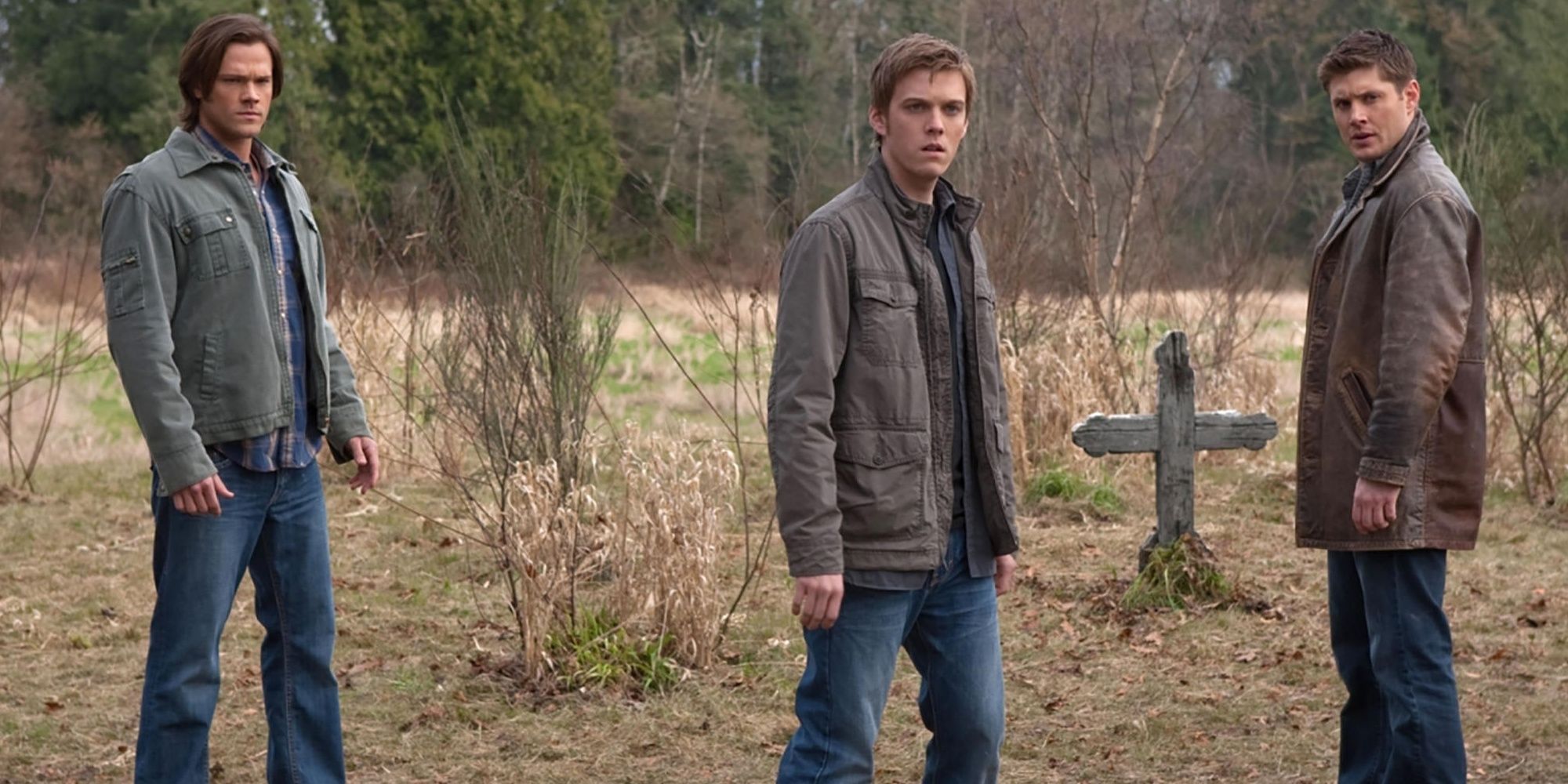 Sam Dean Winchester and their half-brother Adam Milligan at the graveyard in Supernatural