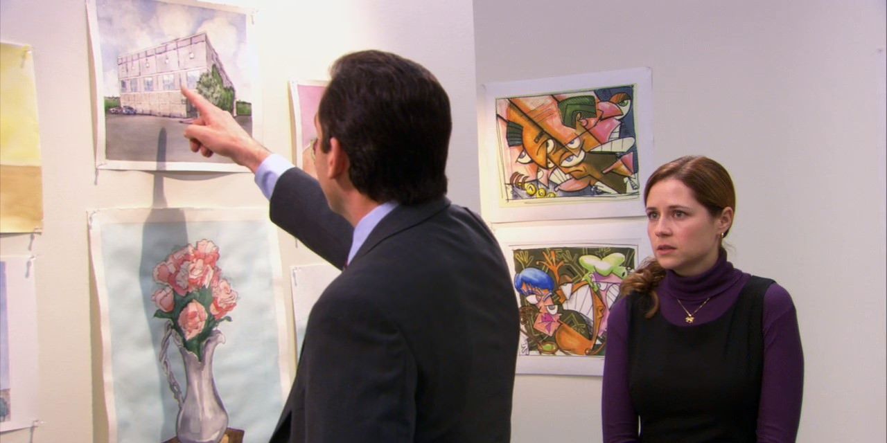 Michael looking at a painting while Pam looks at him in The Office.