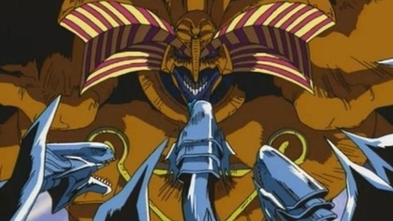 Exodia against Kaiba's Blue-Eyes White Dragons in the anime