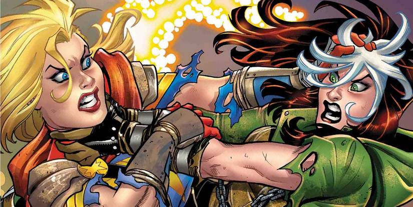 Rogue fighting Captain Marvel in Marvel Comics