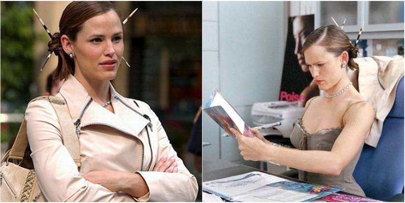 green emerald velvet dress 13 Going on 30 Jennifer Garner as Jenna Rink Wearing Striped Dress Holding  Purse Smiling Big