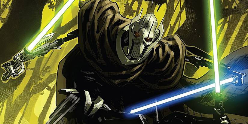 A comic book portrait of General Grievous with lightsabers in Star Wars