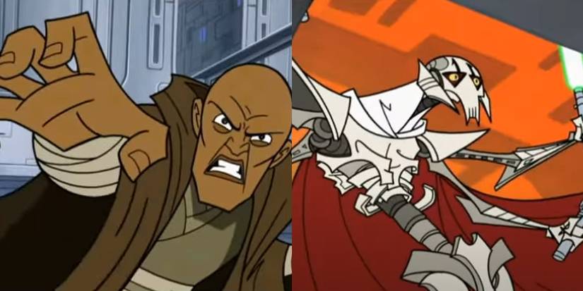 Split image of Mace Windu using the force to crush General Grievous' chest plate in Star Wars
