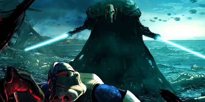 General Grievous stands over a defeated Clone Trooper in Star Wars