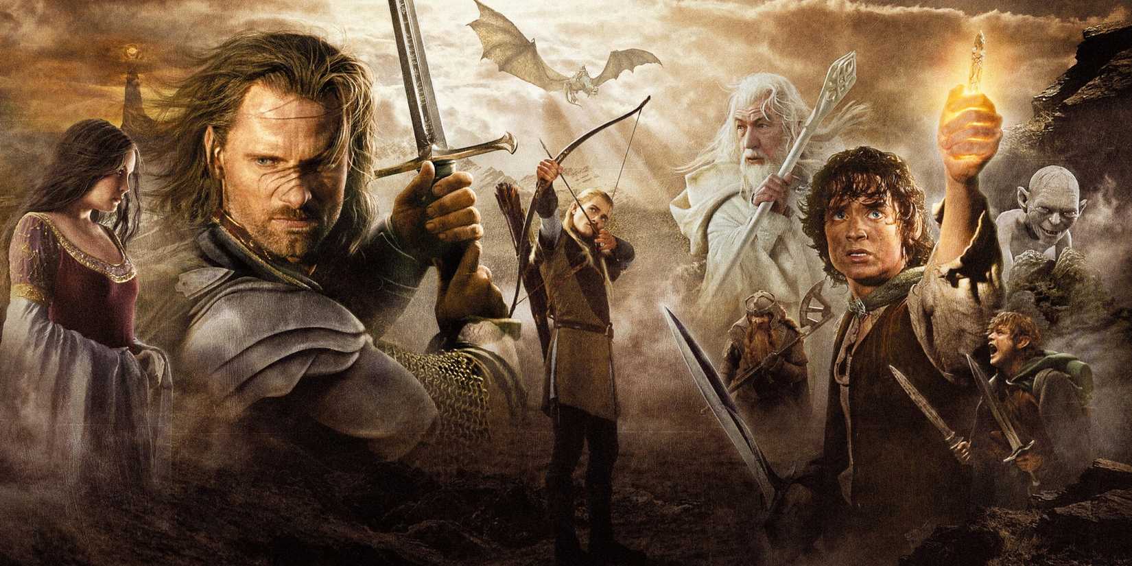 The Lord of the Rings: The Return of the King poster with Aragorn, Legolas, Frodo, and Gandalf.