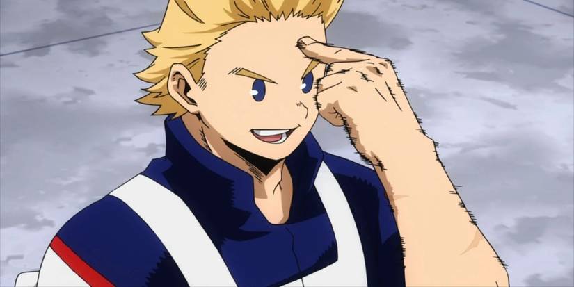 Mirio pointing at his head in My Hero Academia