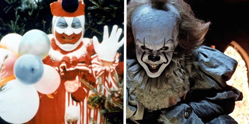A split screen of real life serial killer John Wayne Gacy and Pennywise.