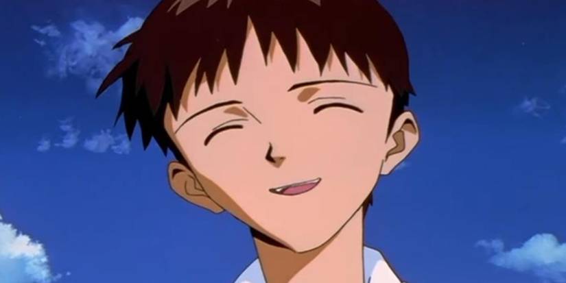 Shinji Ikari in Neon Genesis Evangelion smiling brightly after accepting himself.