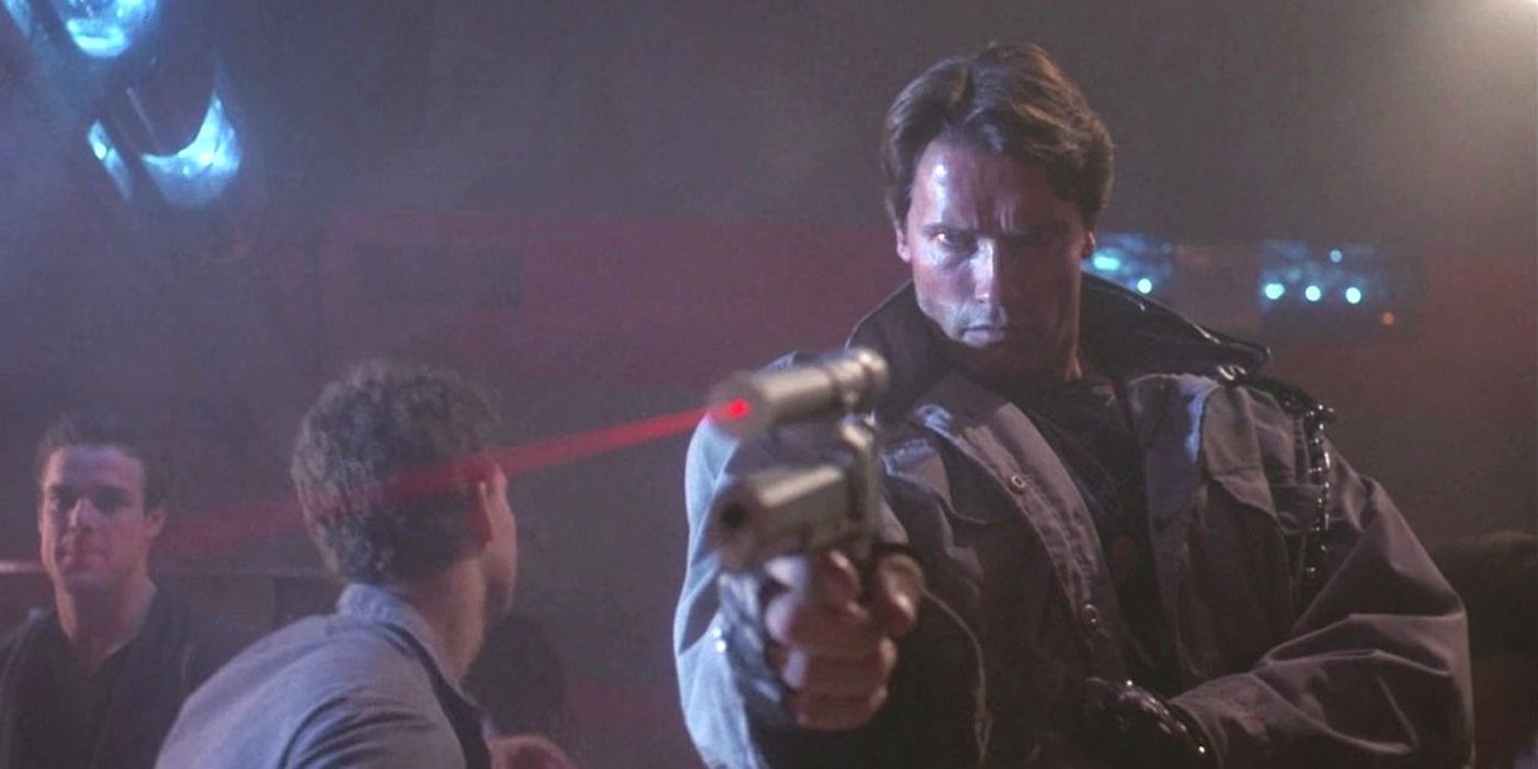 The T-800 points a gun towards someone in Terminator 1984