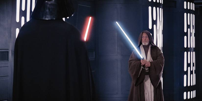 Darth Vader faces Obi-Wan Kenobi with their lightsabers drawn in A New Hope