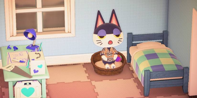 animal crossing's punchy cat sitting in a cat bed on the floor