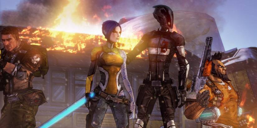 Borderlands 2, Vault Hunters standing together in front of a burning train