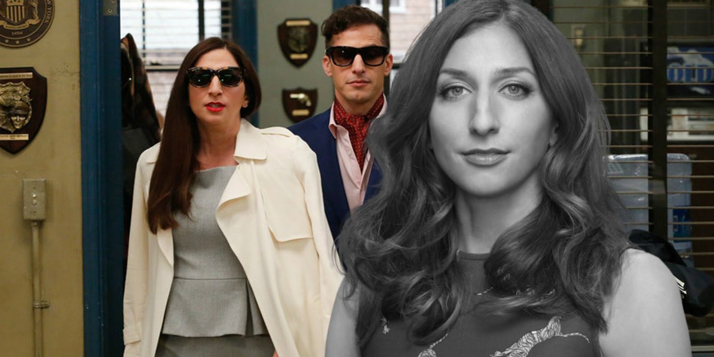Collage of Gina walking with Jake wearing shades and a closeup of Gina in black and white from Brooklyn Nine Nine