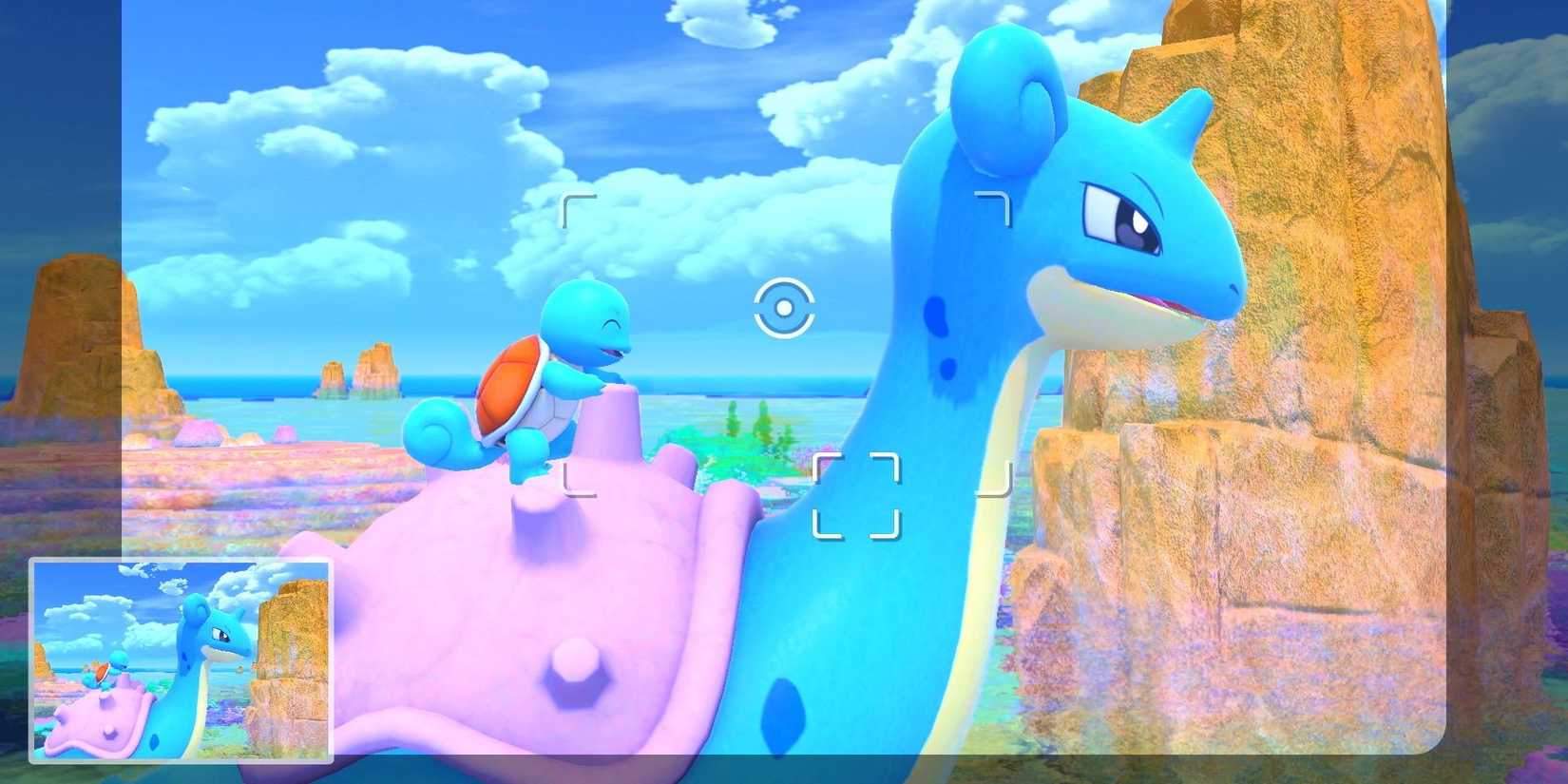 Nova captura de tela do Pokémon Snap de um Squirtle andando em um Lapras