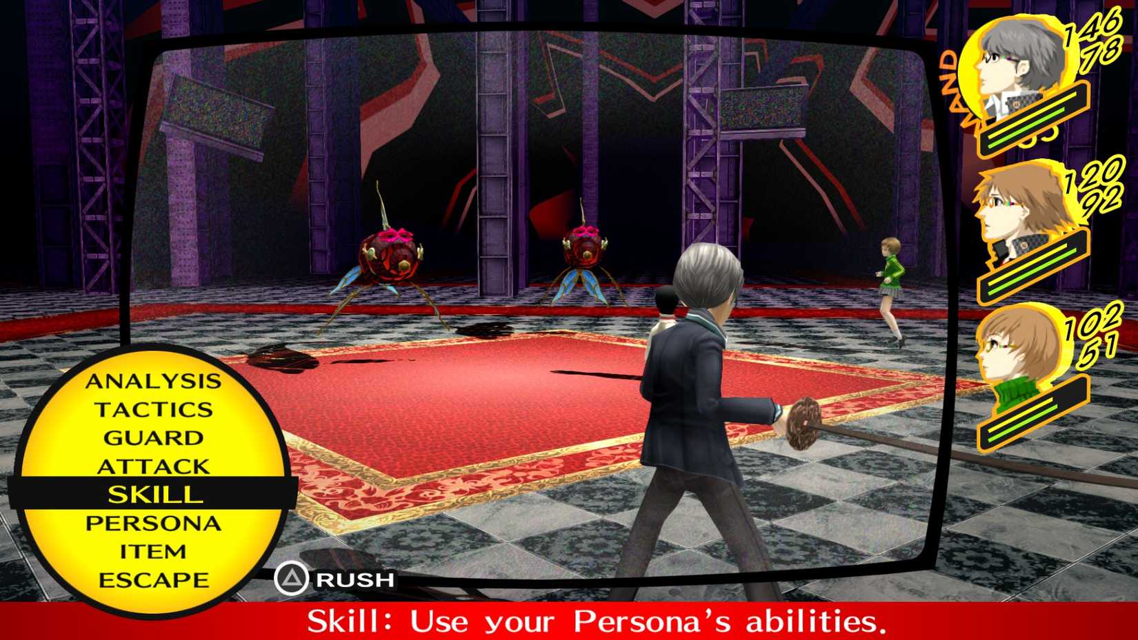 Character in Persona 4 golden posed in combat against two enemies with the skill menu pulled up