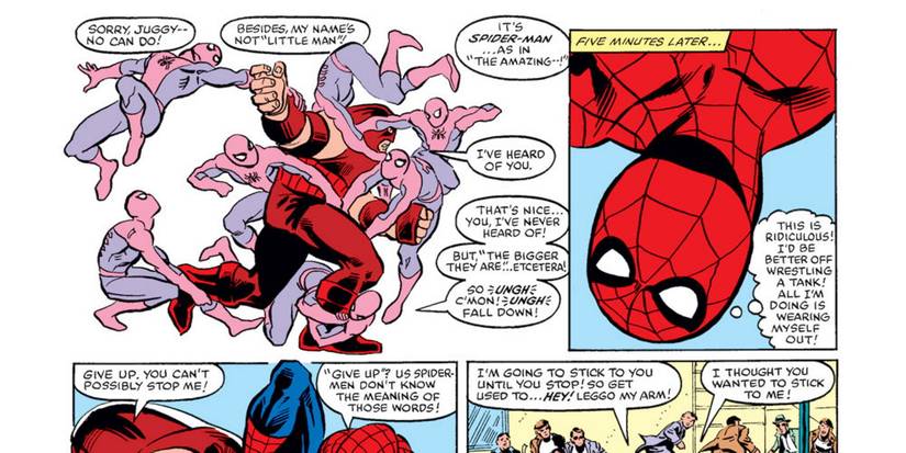 Spider-Man tries to dodge Juggernaut's attacks