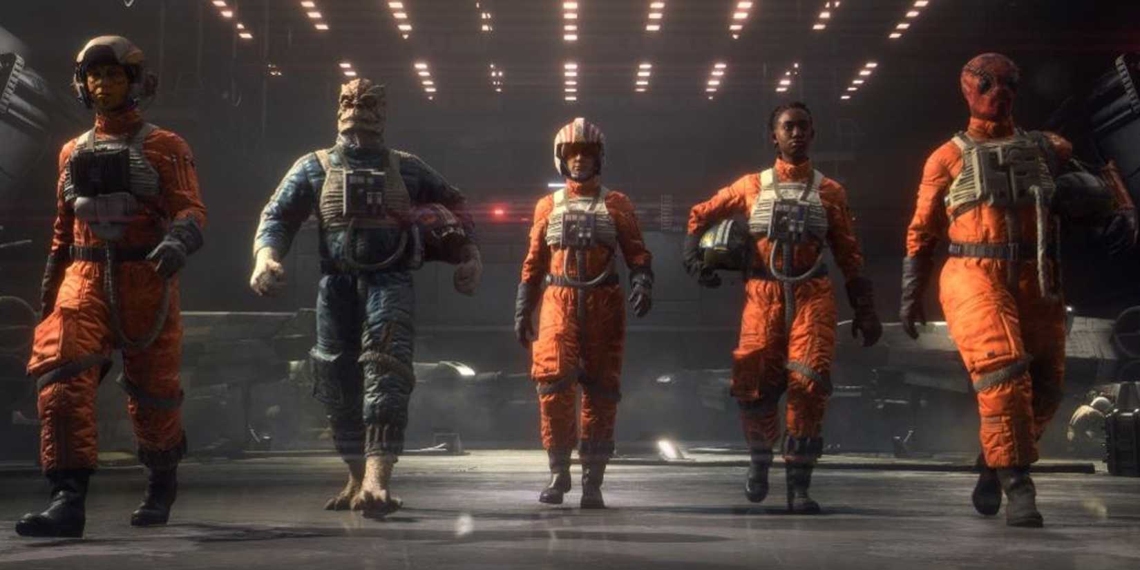 pilots in Star Wars: Squadrons walking towards the camera in their uniforms