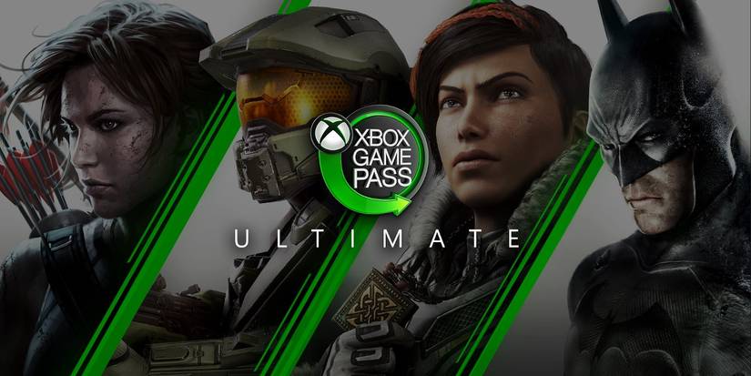 Xbox Game Pass Ultimate Key Art with the logo in front of characters from Tomb Raider, Halo, Gears of War, and Batman: Arkham.