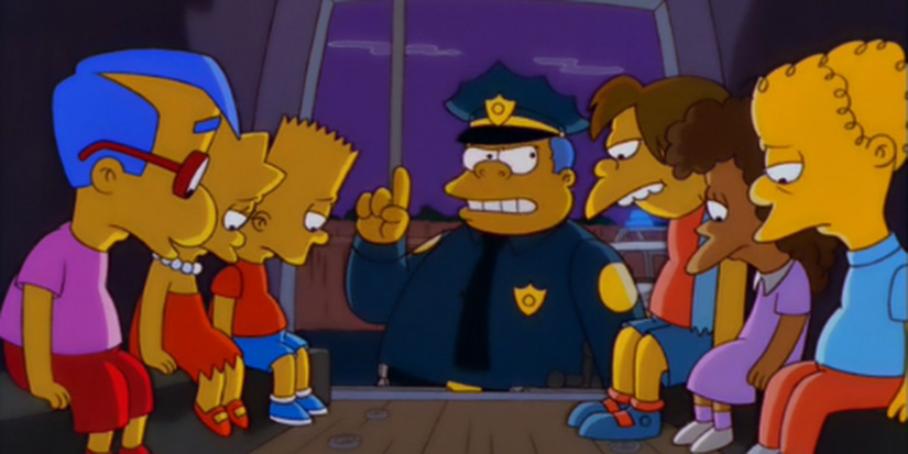 Bart, Lisa, and other kids with Chief Wiggum in The Simpsons episode Wild Barts