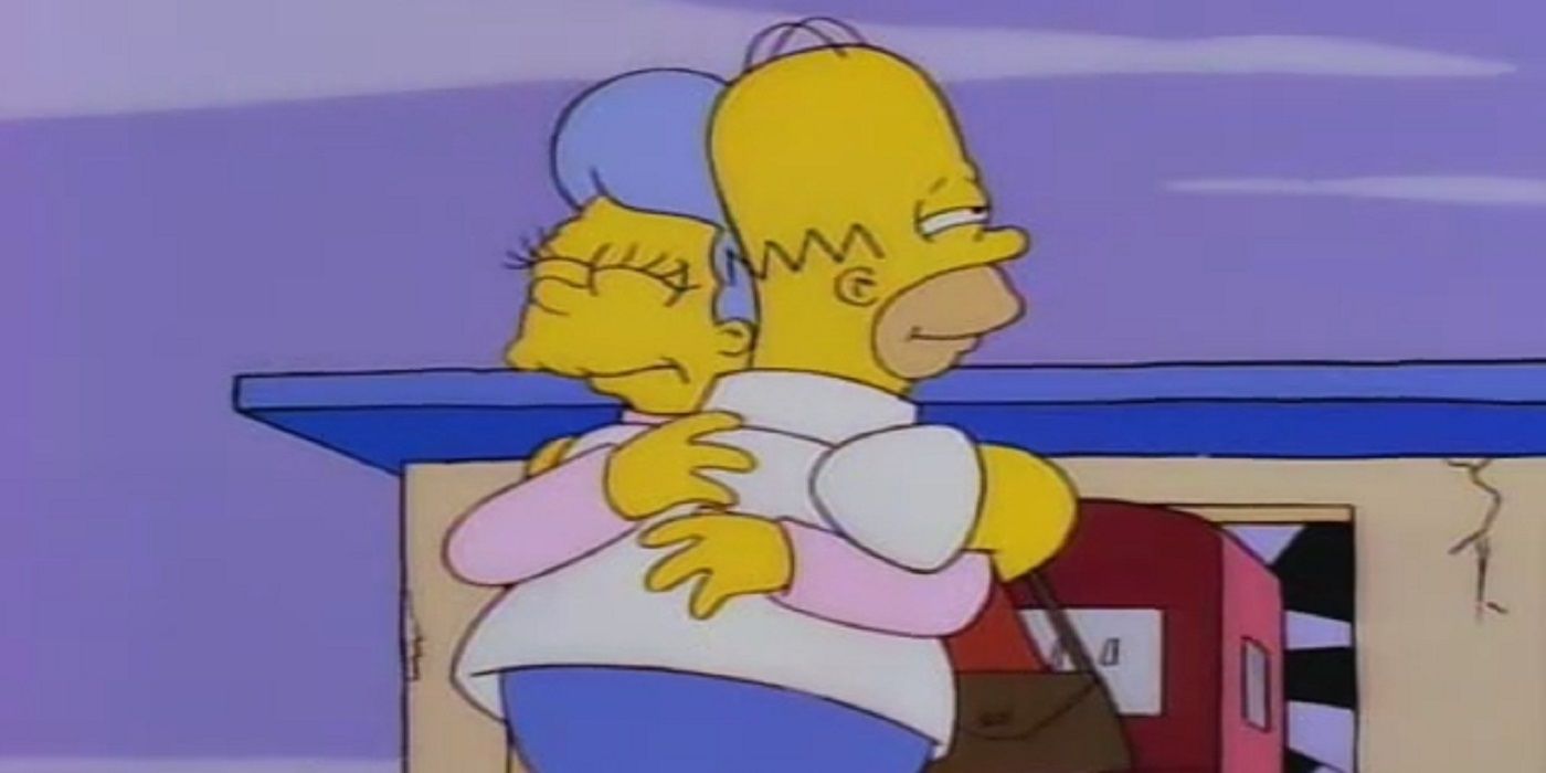 Homer and Mona Simpson hugging in The Simpsons 